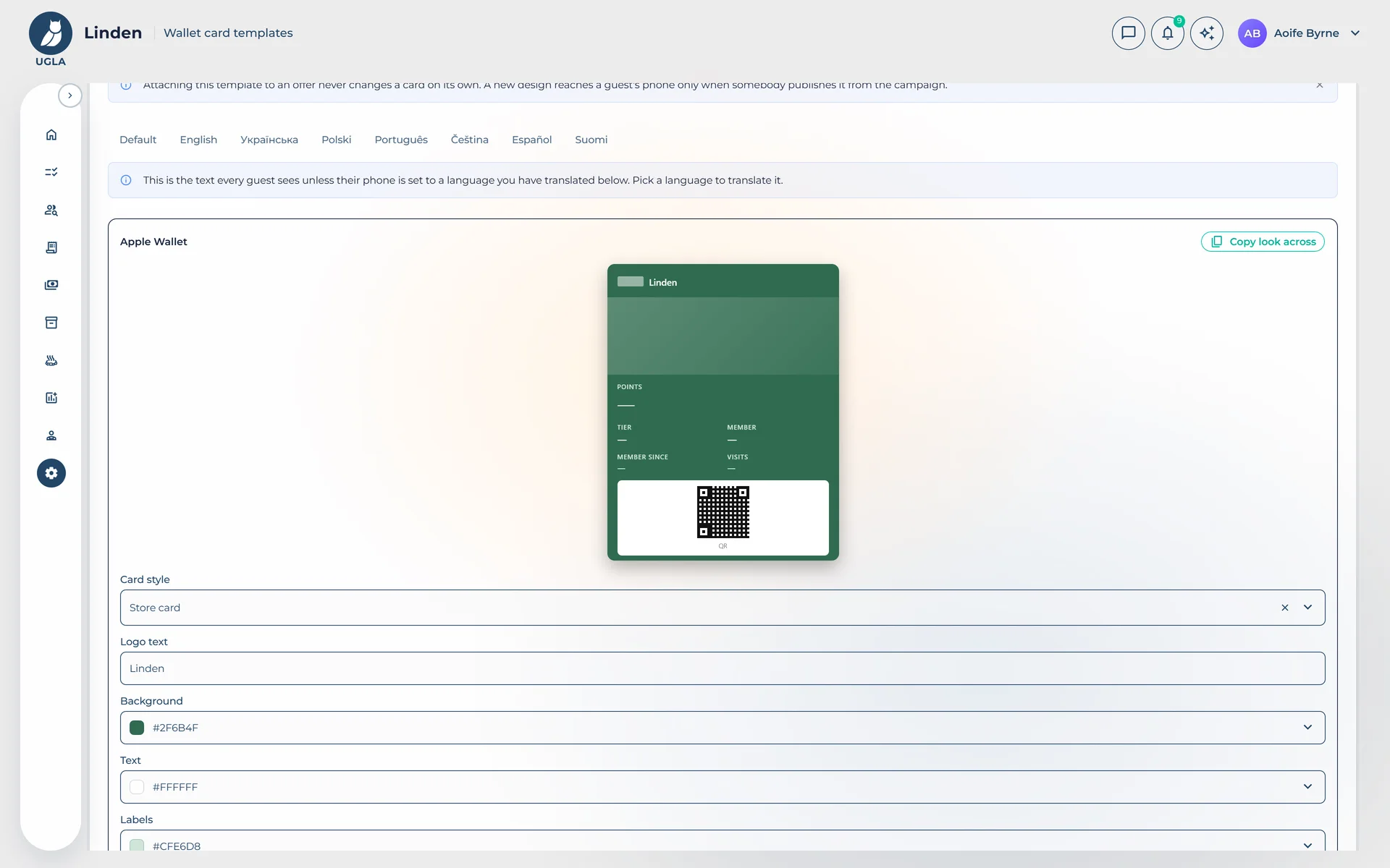 The guest's Wallet card template: points, tier, guest, member since, visits