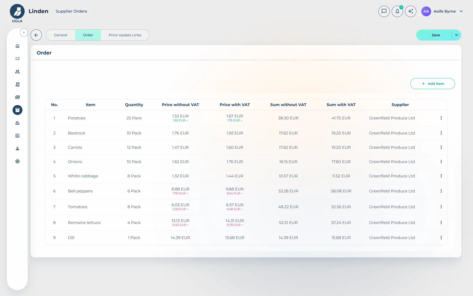 A supplier order: lines, quantities, prices, the supplier's new prices marked