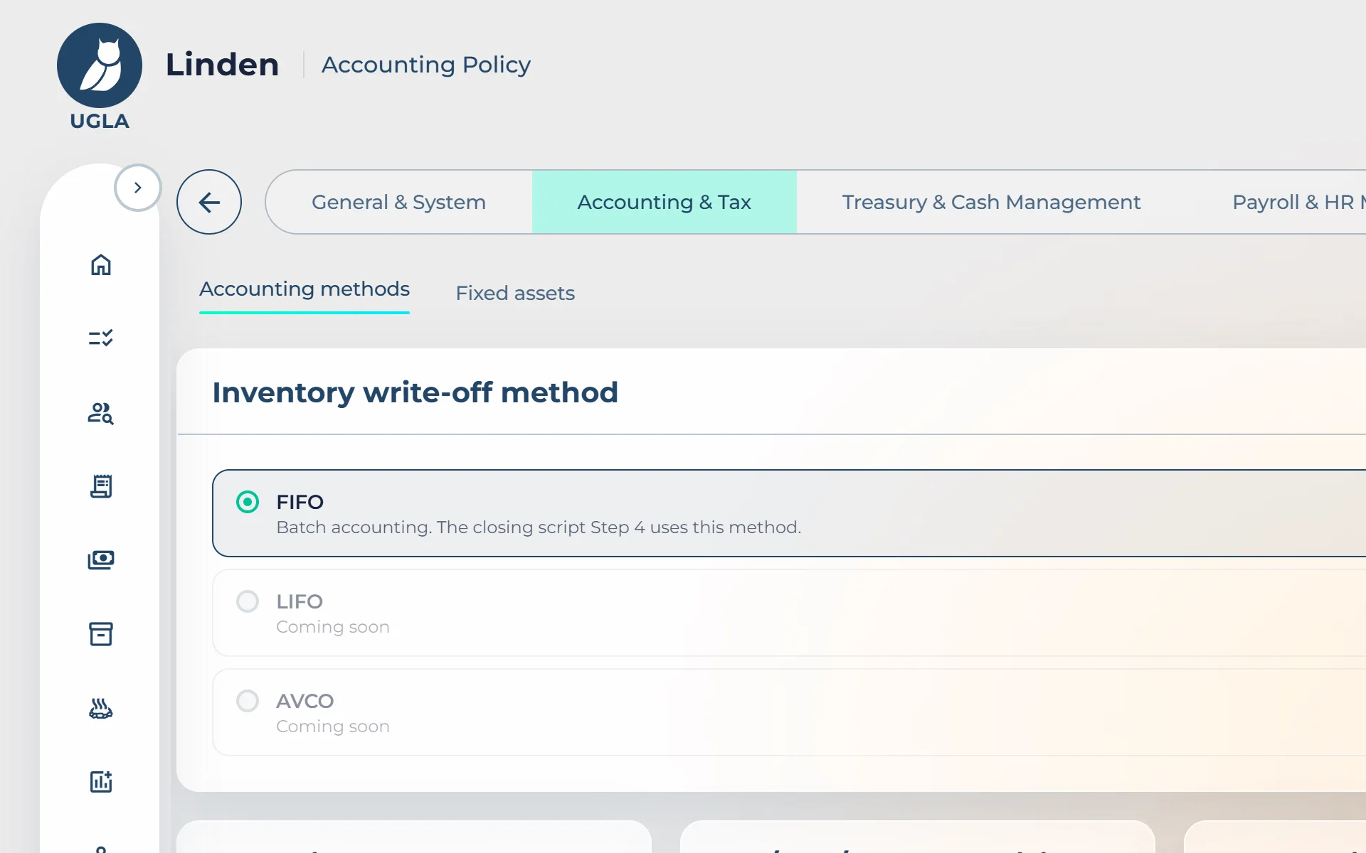 Accounting policy in UGLA: inventory write-off method, rounding, revenue recognition
