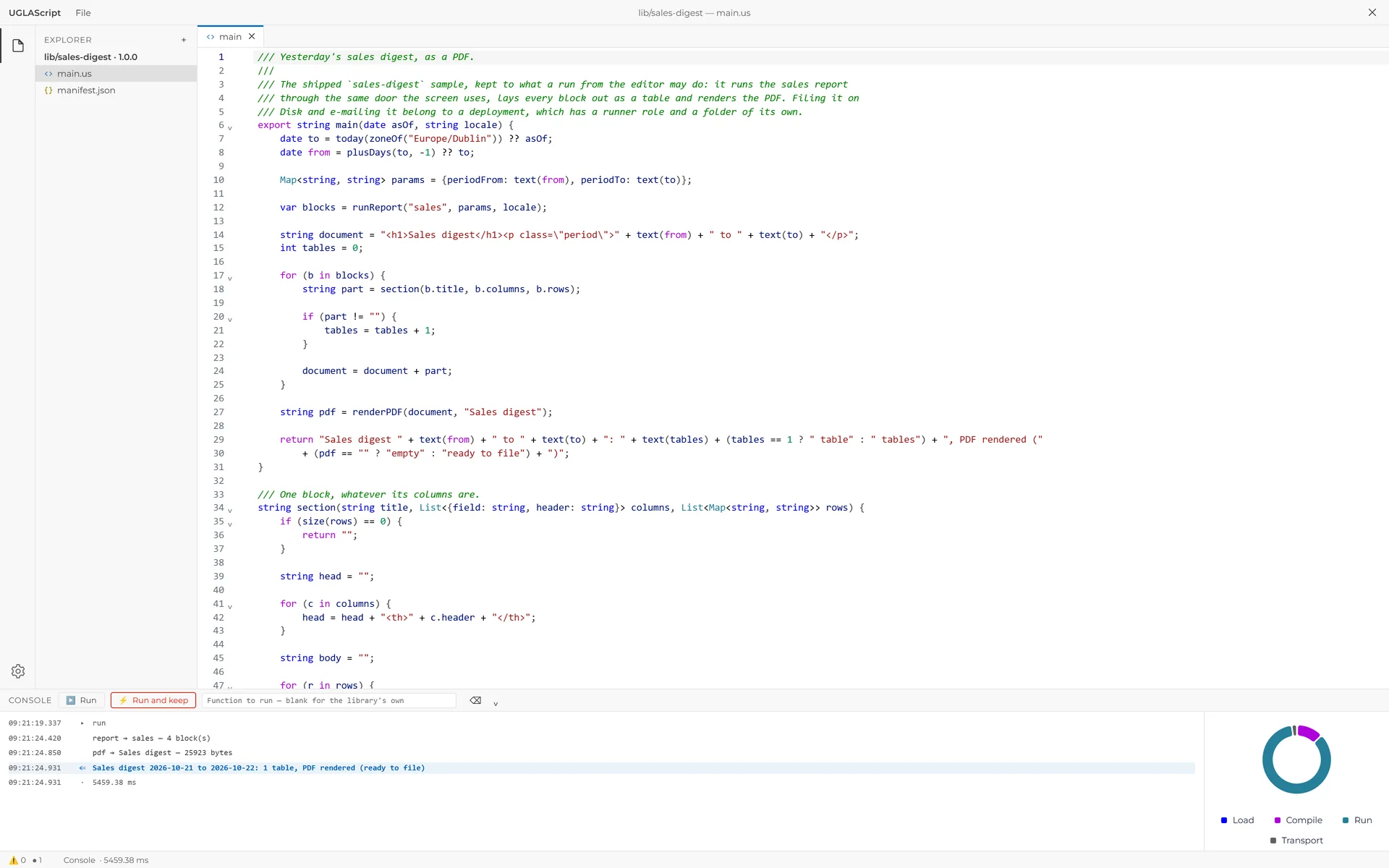 The UGLAScript editor: the sales-digest library and its run in the console