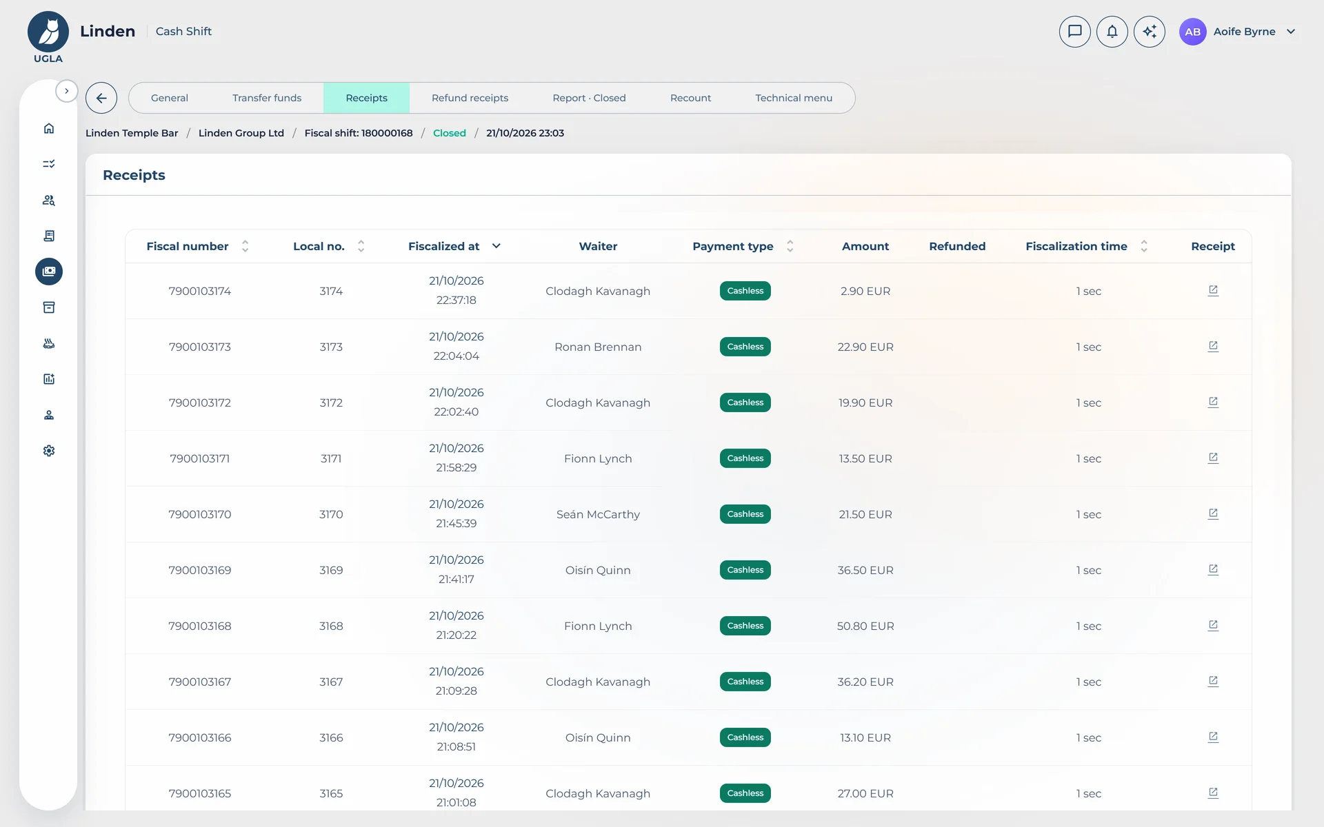 A till shift's receipts in the built-in PRRO: fiscal and local number, time, waiter, payment